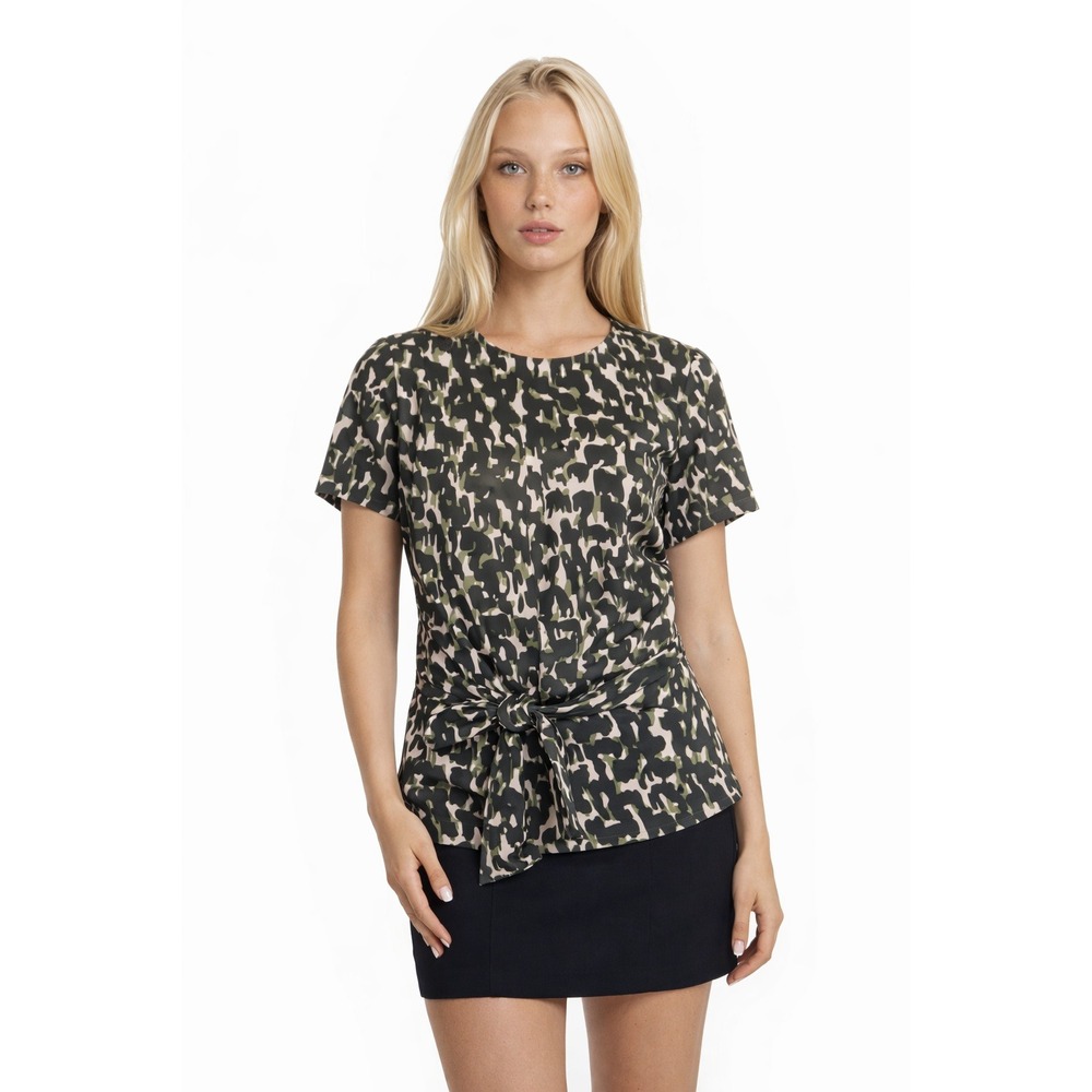 NWT Abbey Glass Women Size‎ Medium Camo Ripple Green Pink Tie Waist Blouse